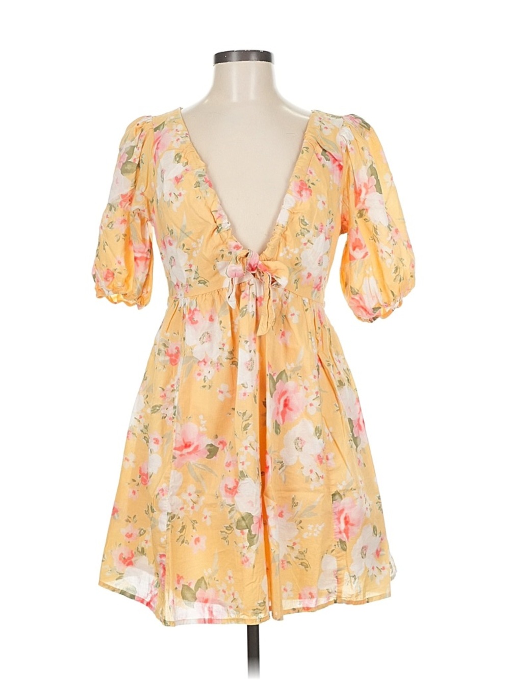NWT Abercrombie & Fitch Yellow Floral Tie-Front Mini Dress with Puff Sleeves